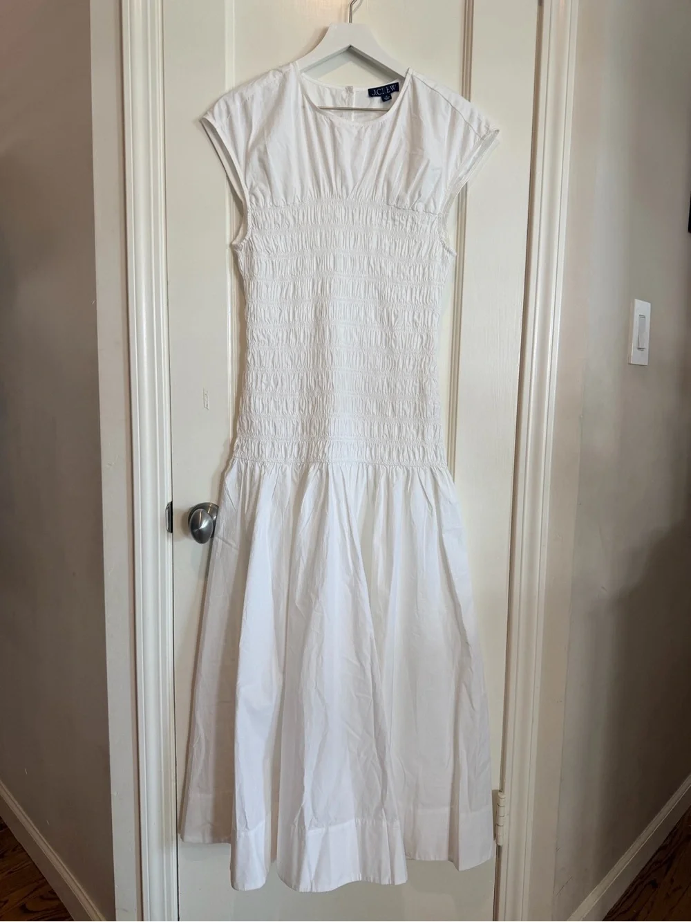 J. Crew White Smocked Midi Dress in Cotton Poplin Medium